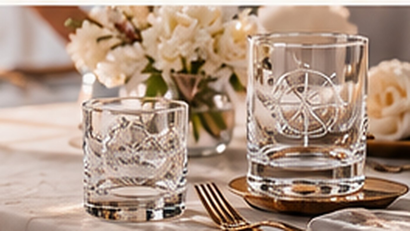 Etched glassware set on a wedding reception table