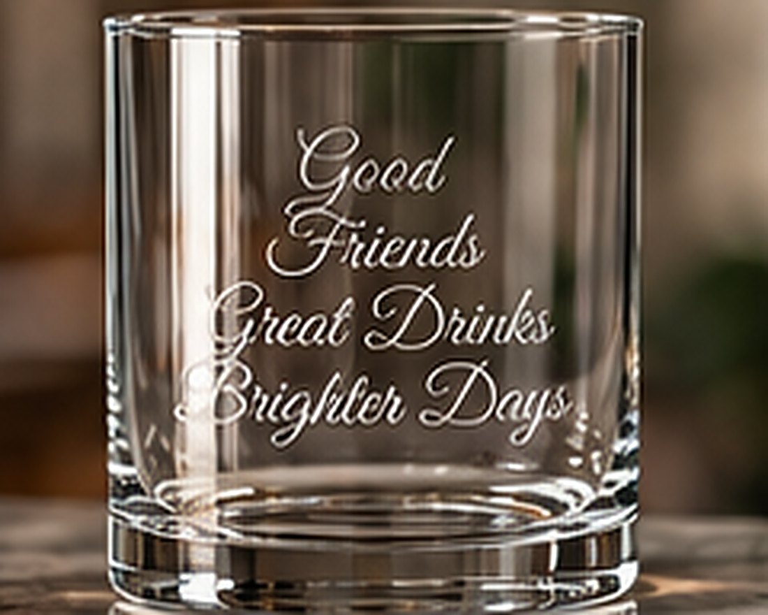Rocks glass etched with a script message